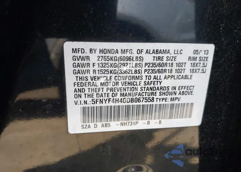 2013 Honda Pilot Ex z USA, uszkodzony, nr VIN 5FNYF4H40DB067558